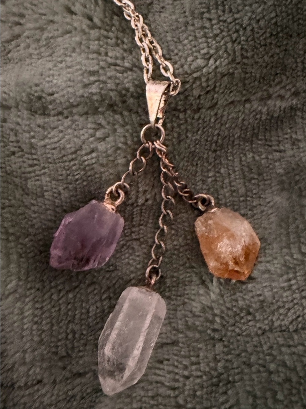 Crystal Trio Pendant Necklace in Purple, Clear, and Amber